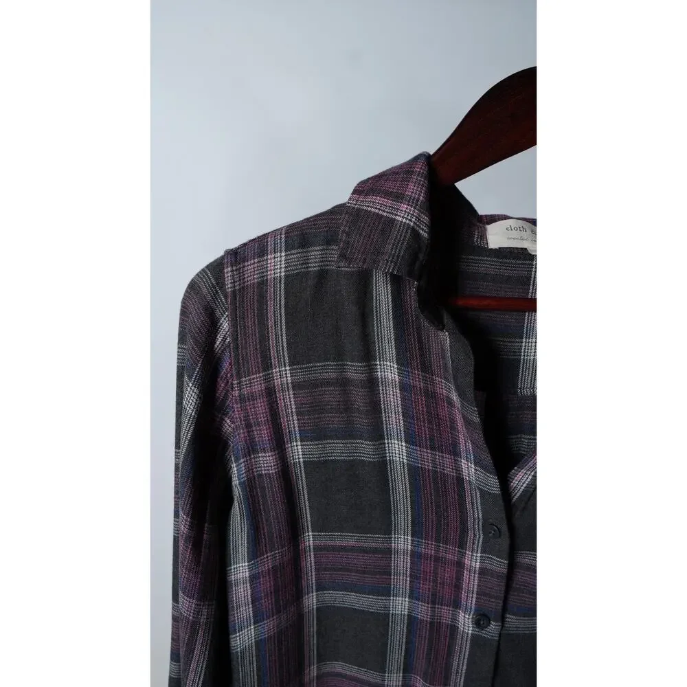 Cloth & Stone Brown Purple Plaid Top Frayed Hem Size S